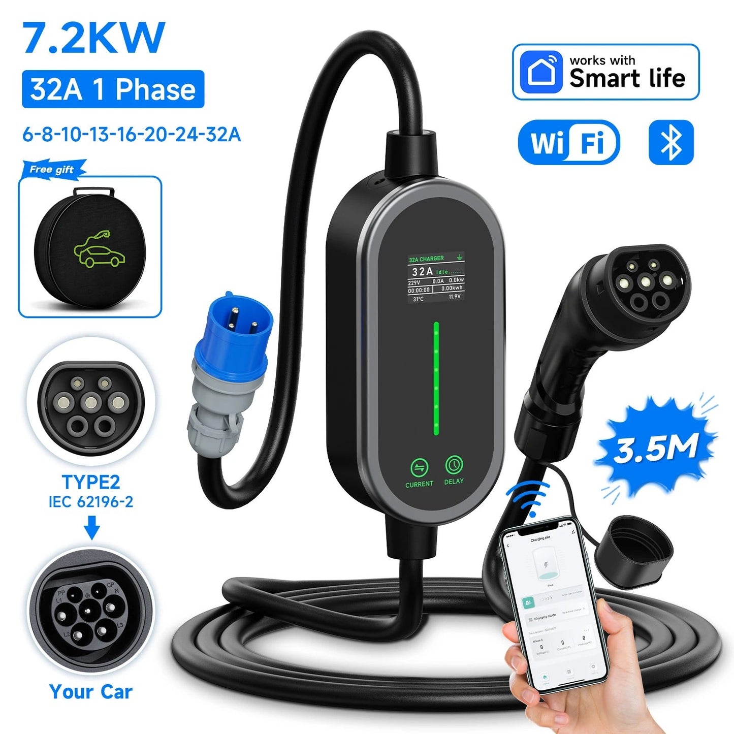 Portable EV Charger 7.2KW 32A 1Phase Wallbox