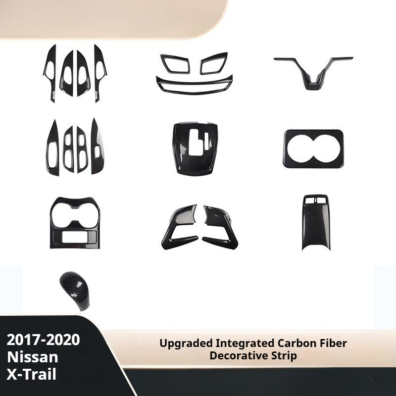 RHD 2017-2020 Nissan X-Trail Red Carbon Fiber Cup Holder and Steering Wheel Interior Trim Kit