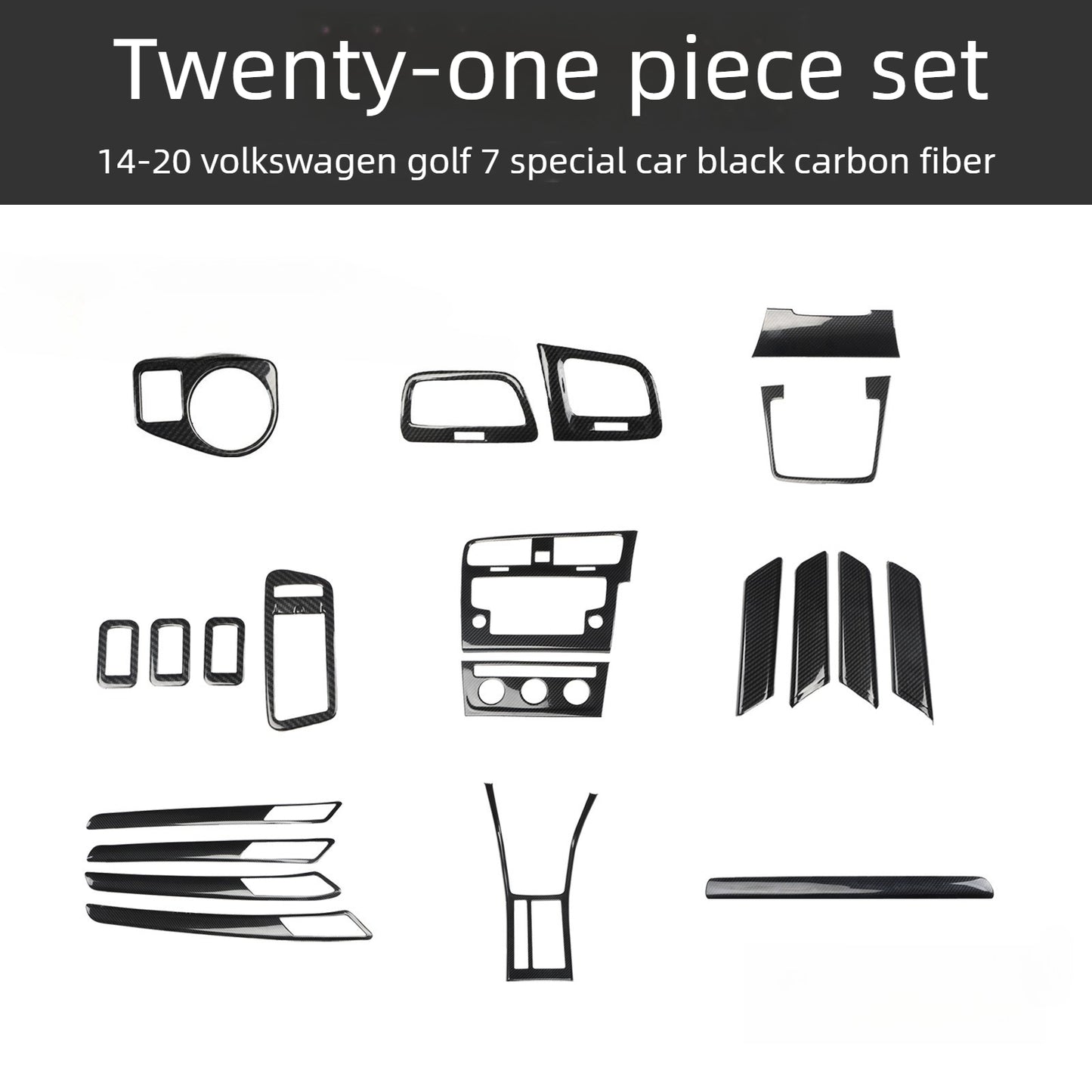 RHD 14-20 Golf 7 Carbon Fiber Trim Kit: Center Console, Gear Shift, Cup Holder Frame, Headlight Switch, Interior Trim