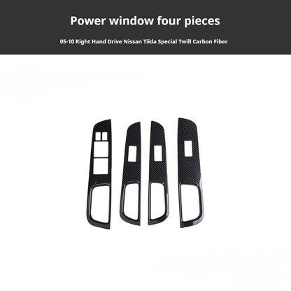 RHD 2005-2010 Nissan Tiida Walnut Carbon Fiber Pattern Manual Gear Shift Knob & Center Console Interior Protective Cover Set