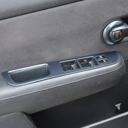 RHD 2005-2010 Nissan Tiida Walnut Carbon Fiber Pattern Manual Gear Shift Knob & Center Console Interior Protective Cover Set