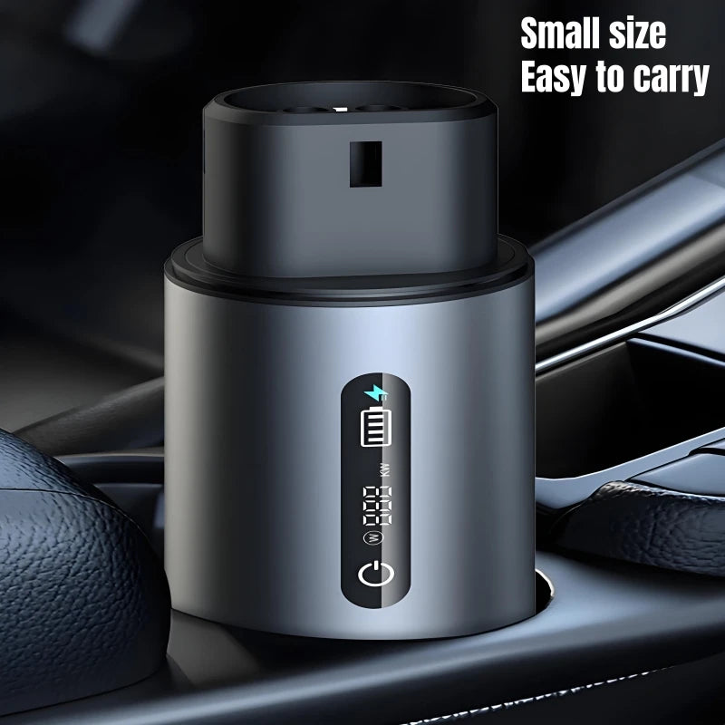 Small electronic device with digital display on a car dashboard, emphasizing portability.