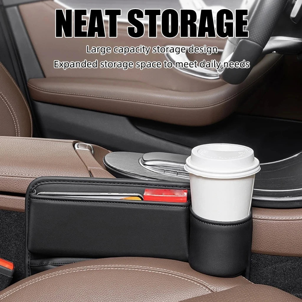 Car Seat Gap Filler Automotive Seat Leather Storage Box with Cup Holder Universal Seat Gap Organizer Adjustable Seat Storage Box