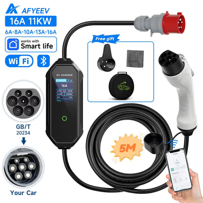 Type2 Portable EV Charger 11KW 16A 3P GBT Car Charger Wi-Fi APP Control EVSE Charging Box CEE Plug for Electric Vehicle