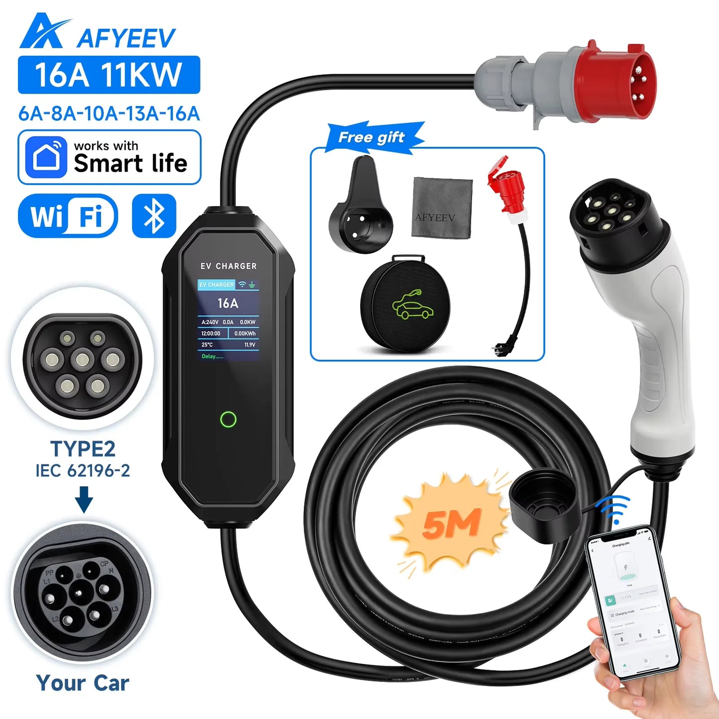 Type2 Portable EV Charger 11KW 16A 3P GBT Car Charger Wi-Fi APP Control EVSE Charging Box CEE Plug for Electric Vehicle