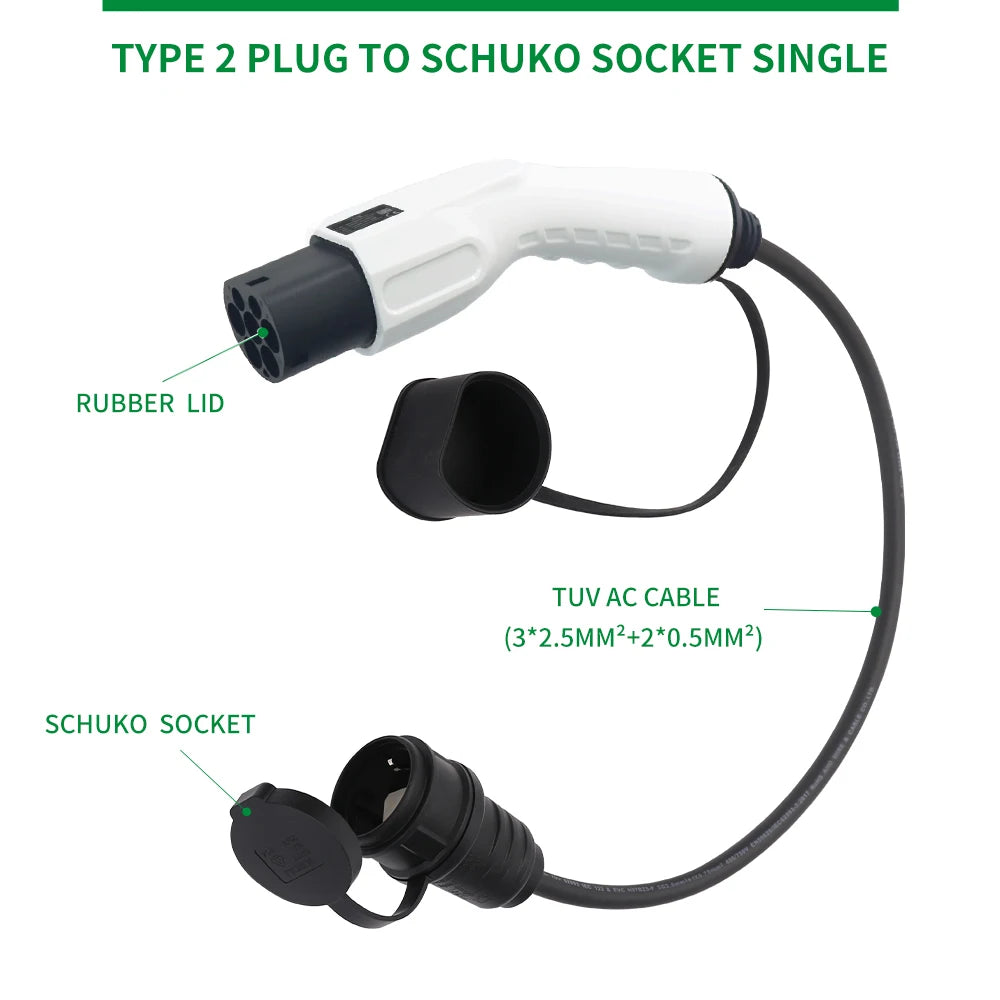 Type2 to Schuko Socket Adapter 16A 3.5kw Mennekes EC62196-2 male plugto EU Socket for Electric Scooters EBikes