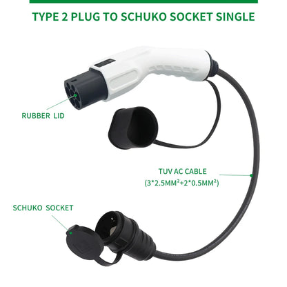 Type2 to Schuko Socket Adapter 16A 3.5kw Mennekes EC62196-2 male plugto EU Socket for Electric Scooters EBikes
