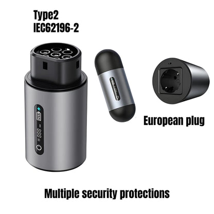 Electric vehicle charging cable with connectors and European plug on a white background