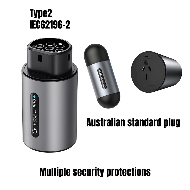 Electric vehicle charging plug with Australian standard plug and multiple security protections on a white background.