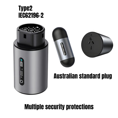 Electric vehicle charging plug with Australian standard plug and multiple security protections on a white background.