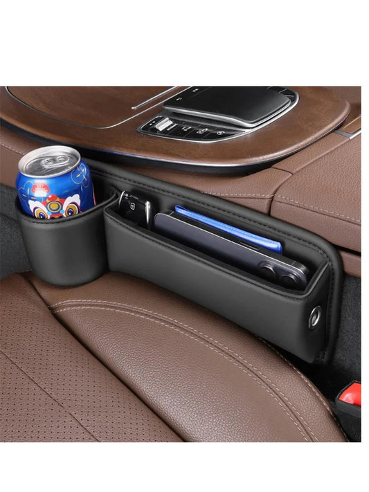 Car Seat Gap Filler Automotive Seat Leather Storage Box with Cup Holder Universal Seat Gap Organizer Adjustable Seat Storage Box