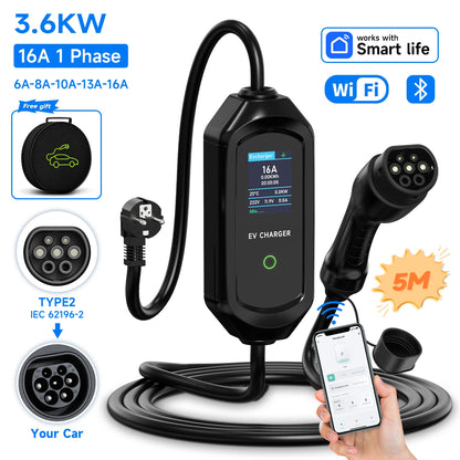 3600W Portable Type2 IEC62196-2 EV Charger Type1 SAE J1772 Electric Car Charger GBT EVSE Charging Cable Wallbox EU Plug