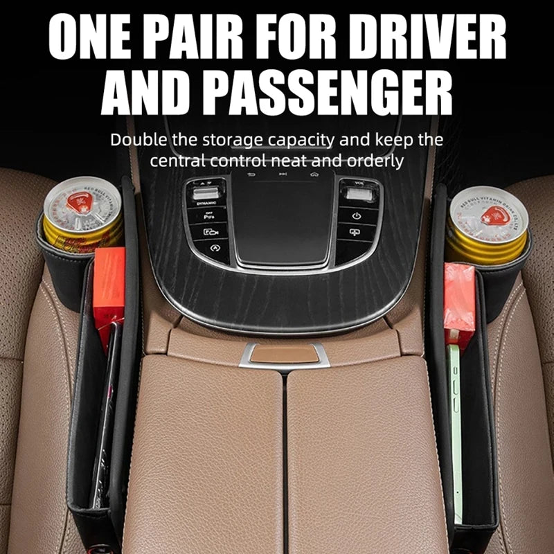 Car Seat Gap Filler Automotive Seat Leather Storage Box with Cup Holder Universal Seat Gap Organizer Adjustable Seat Storage Box