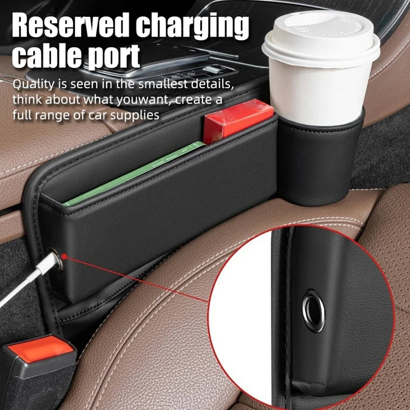 Car Seat Gap Filler Automotive Seat Leather Storage Box with Cup Holder Universal Seat Gap Organizer Adjustable Seat Storage Box