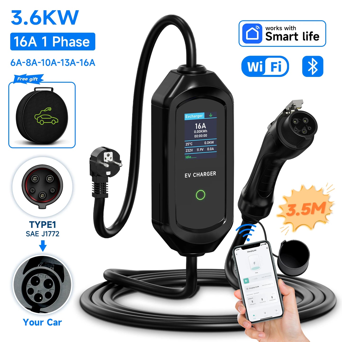 3600W Portable Type2 IEC62196-2 EV Charger Type1 SAE J1772 Electric Car Charger GBT EVSE Charging Cable Wallbox EU Plug
