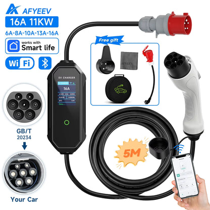 Type2 Portable EV Charger 11KW 16A 3P GBT Car Charger Wi-Fi APP Control EVSE Charging Box CEE Plug for Electric Vehicle