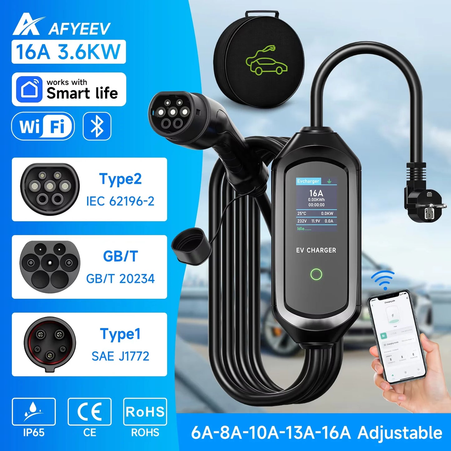 3600W Portable Type2 IEC62196-2 EV Charger Type1 SAE J1772 Electric Car Charger GBT EVSE Charging Cable Wallbox EU Plug