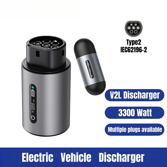 Electric vehicle discharger with specifications on a white background