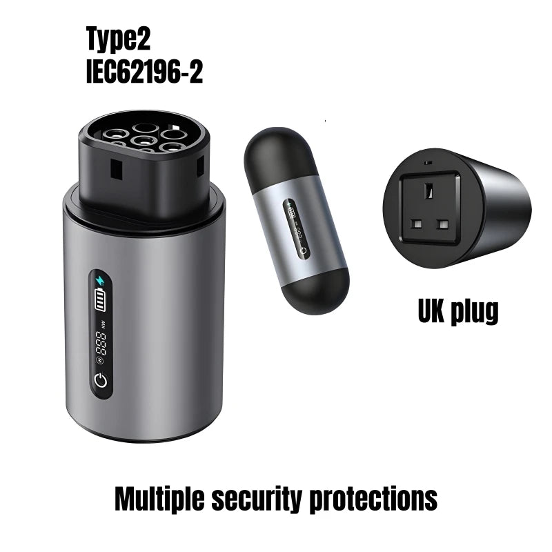 Electric vehicle charging cable with connectors and UK plug on a white background