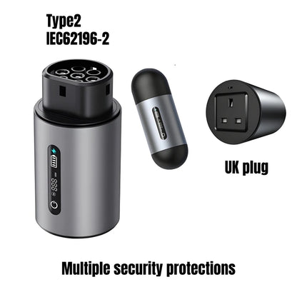 Electric vehicle charging cable with connectors and UK plug on a white background