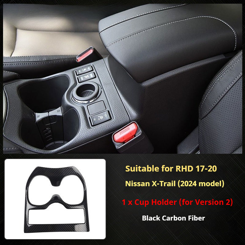 RHD 2017-2020 Nissan X-Trail Red Carbon Fiber Cup Holder and Steering Wheel Interior Trim Kit