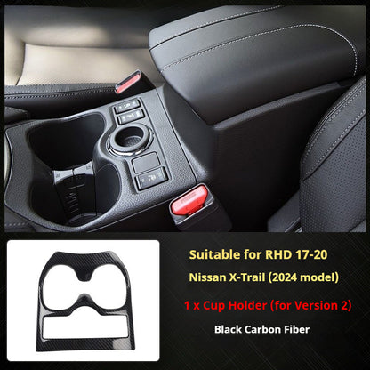 RHD 2017-2020 Nissan X-Trail Red Carbon Fiber Cup Holder and Steering Wheel Interior Trim Kit