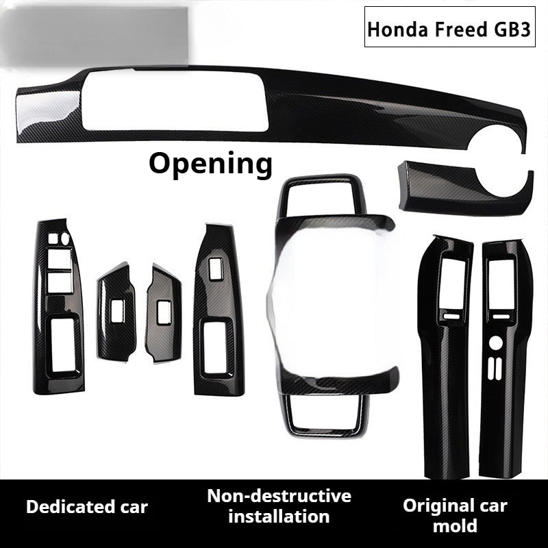 RHD Freed GB3 Interior Modification Carbon Fiber-Style Steering Wheel and Center Console Trim