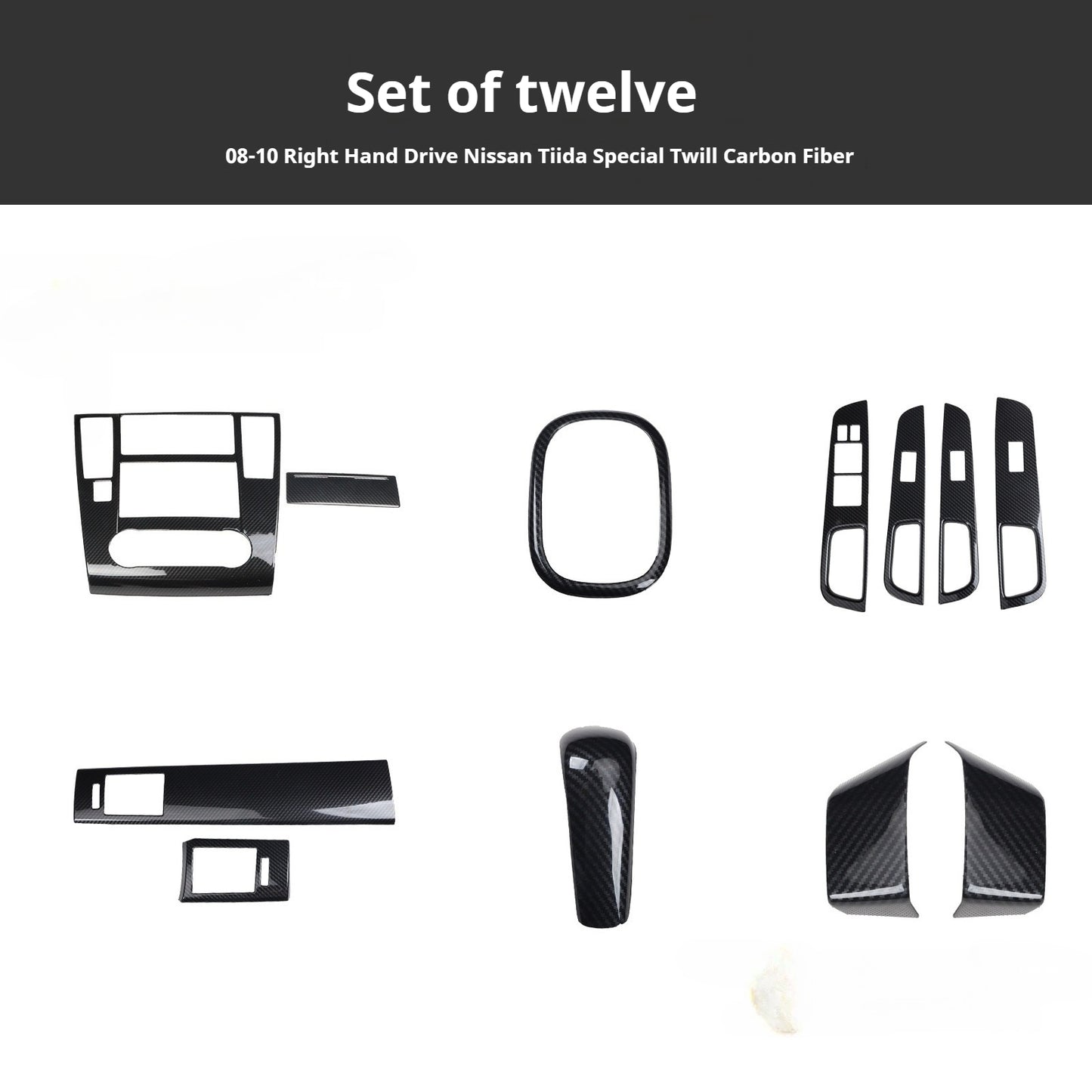 RHD 2005-2010 Nissan Tiida Walnut Carbon Fiber Pattern Manual Gear Shift Knob & Center Console Interior Protective Cover Set