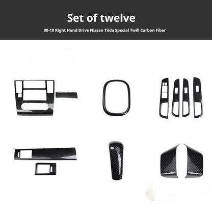 RHD 2005-2010 Nissan Tiida Walnut Carbon Fiber Pattern Manual Gear Shift Knob & Center Console Interior Protective Cover Set