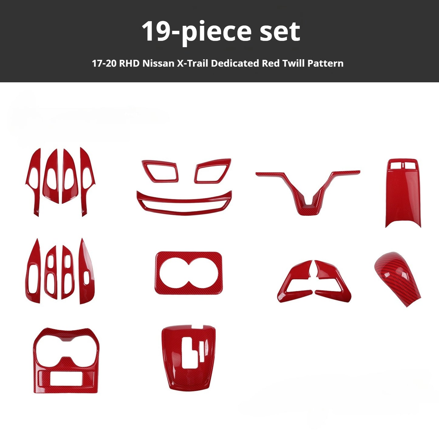 RHD 2017-2020 Nissan X-Trail Red Carbon Fiber Cup Holder and Steering Wheel Interior Trim Kit